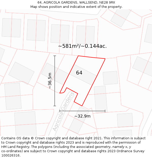 64, AGRICOLA GARDENS, WALLSEND, NE28 9RX: Plot and title map