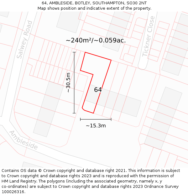 64, AMBLESIDE, BOTLEY, SOUTHAMPTON, SO30 2NT: Plot and title map