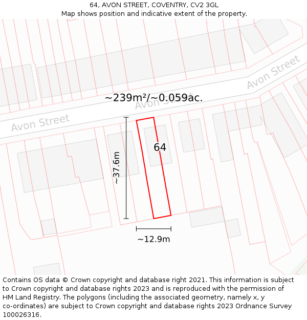 64, AVON STREET, COVENTRY, CV2 3GL: Plot and title map