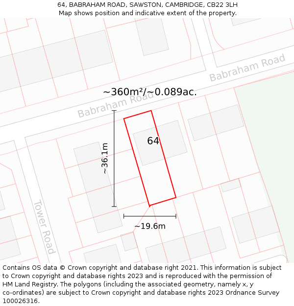 64, BABRAHAM ROAD, SAWSTON, CAMBRIDGE, CB22 3LH: Plot and title map