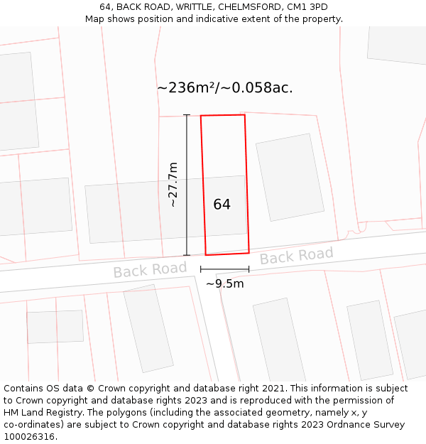 64, BACK ROAD, WRITTLE, CHELMSFORD, CM1 3PD: Plot and title map