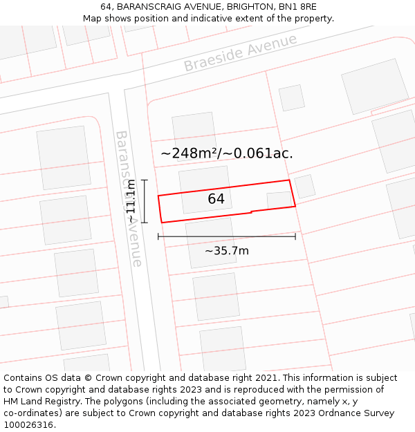 64, BARANSCRAIG AVENUE, BRIGHTON, BN1 8RE: Plot and title map