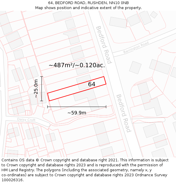 64, BEDFORD ROAD, RUSHDEN, NN10 0NB: Plot and title map