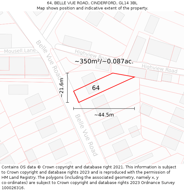 64, BELLE VUE ROAD, CINDERFORD, GL14 3BL: Plot and title map