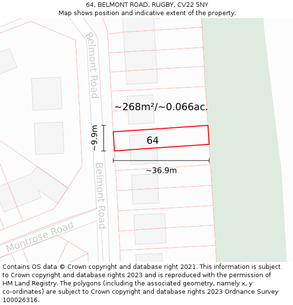 64, BELMONT ROAD, RUGBY, CV22 5NY: Plot and title map