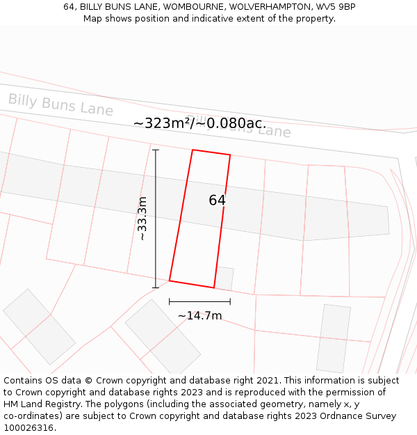 64, BILLY BUNS LANE, WOMBOURNE, WOLVERHAMPTON, WV5 9BP: Plot and title map