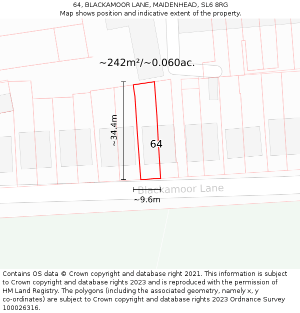 64, BLACKAMOOR LANE, MAIDENHEAD, SL6 8RG: Plot and title map