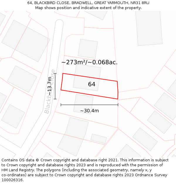 64, BLACKBIRD CLOSE, BRADWELL, GREAT YARMOUTH, NR31 8RU: Plot and title map