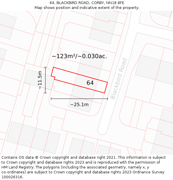 64, BLACKBIRD ROAD, CORBY, NN18 8FE: Plot and title map