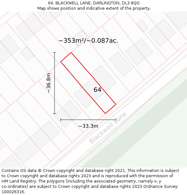 64, BLACKWELL LANE, DARLINGTON, DL3 8QG: Plot and title map