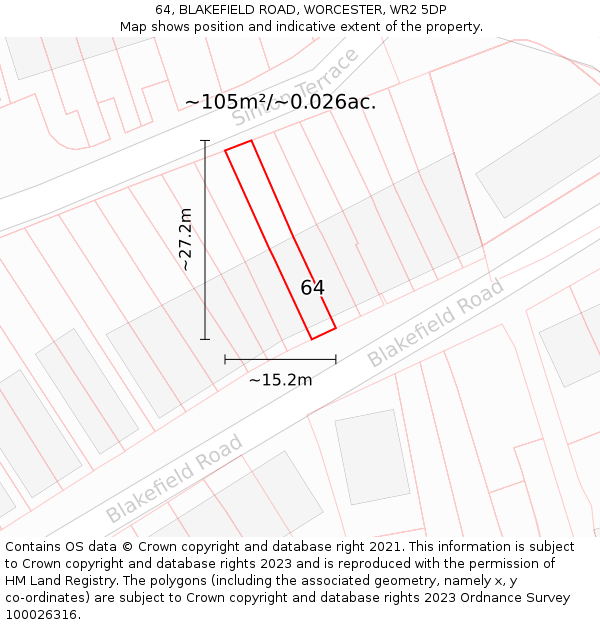 64, BLAKEFIELD ROAD, WORCESTER, WR2 5DP: Plot and title map