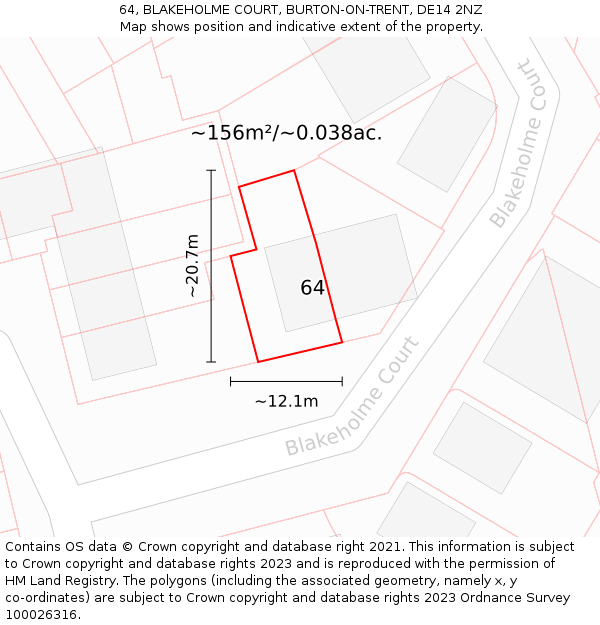 64, BLAKEHOLME COURT, BURTON-ON-TRENT, DE14 2NZ: Plot and title map