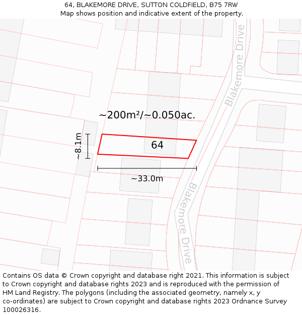 64, BLAKEMORE DRIVE, SUTTON COLDFIELD, B75 7RW: Plot and title map