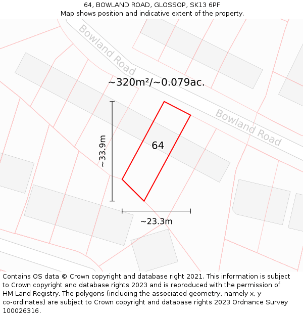 64, BOWLAND ROAD, GLOSSOP, SK13 6PF: Plot and title map