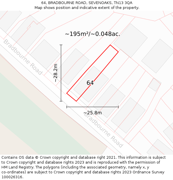 64, BRADBOURNE ROAD, SEVENOAKS, TN13 3QA: Plot and title map