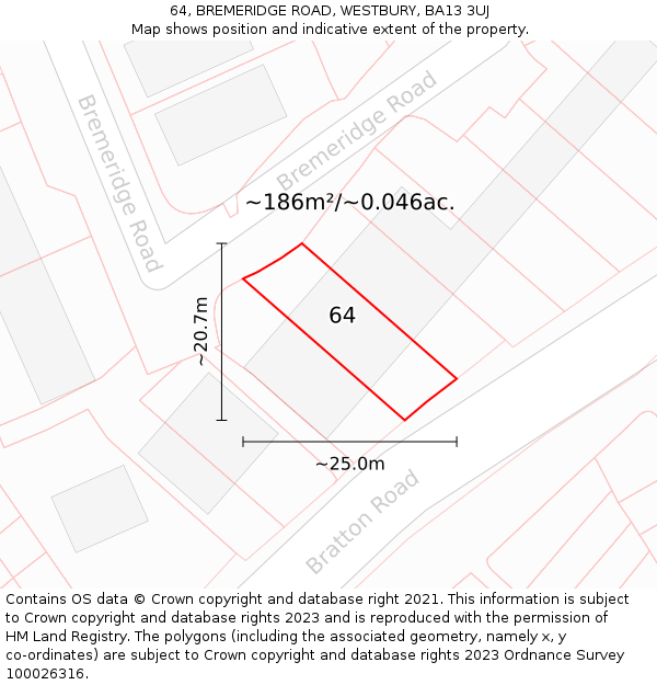 64, BREMERIDGE ROAD, WESTBURY, BA13 3UJ: Plot and title map