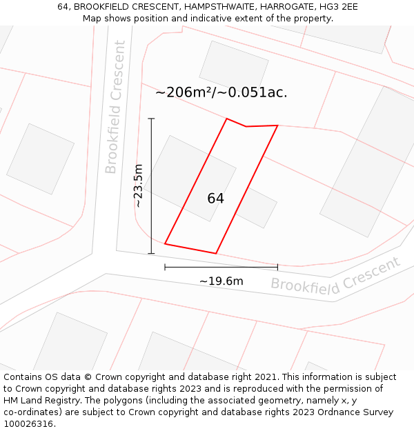 64, BROOKFIELD CRESCENT, HAMPSTHWAITE, HARROGATE, HG3 2EE: Plot and title map