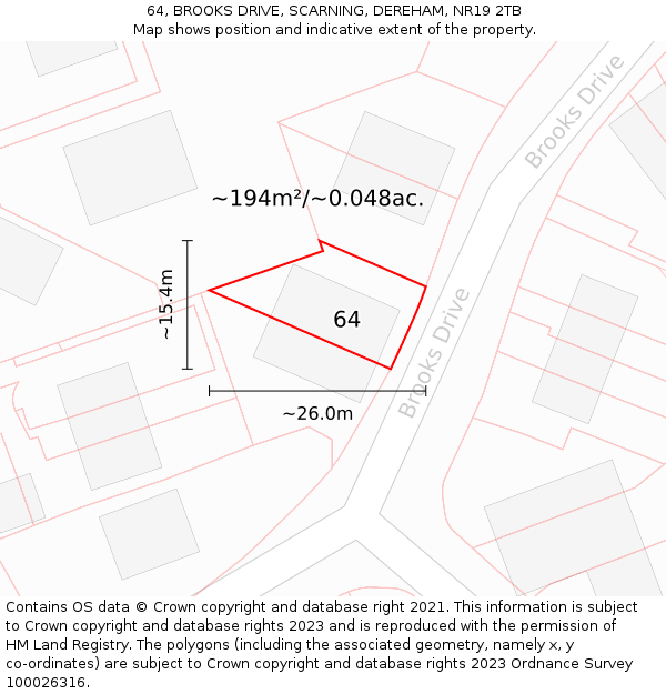 64, BROOKS DRIVE, SCARNING, DEREHAM, NR19 2TB: Plot and title map