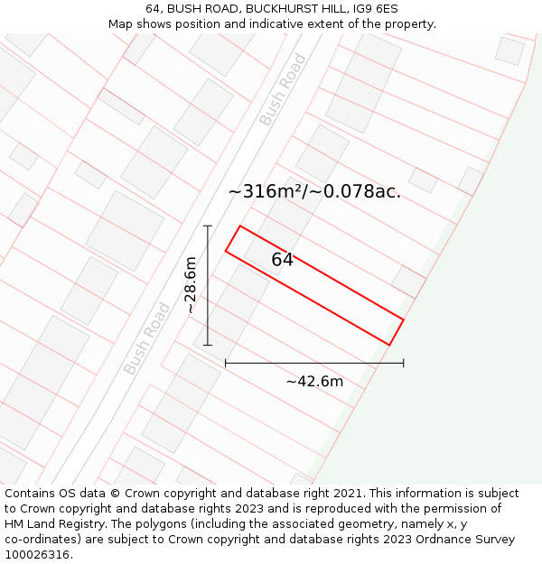 64, BUSH ROAD, BUCKHURST HILL, IG9 6ES: Plot and title map