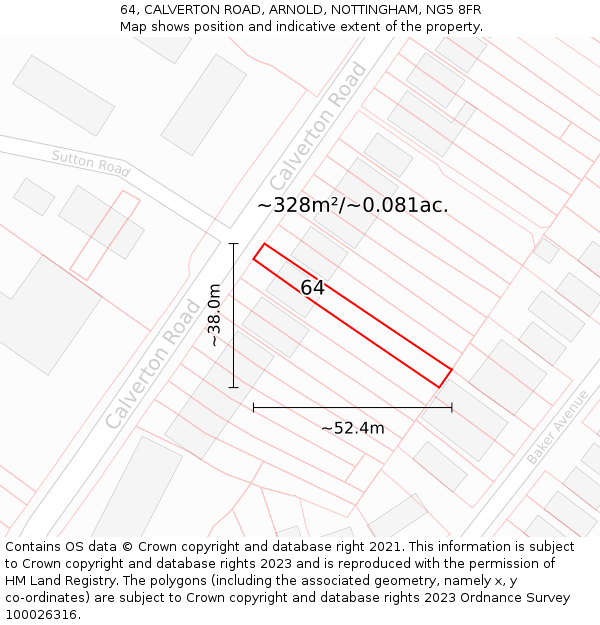 64, CALVERTON ROAD, ARNOLD, NOTTINGHAM, NG5 8FR: Plot and title map