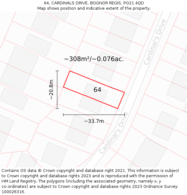 64, CARDINALS DRIVE, BOGNOR REGIS, PO21 4QD: Plot and title map