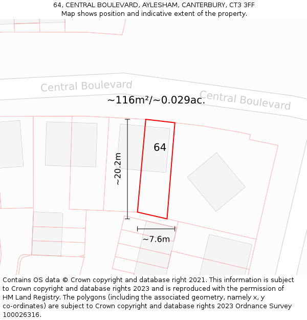 64, CENTRAL BOULEVARD, AYLESHAM, CANTERBURY, CT3 3FF: Plot and title map