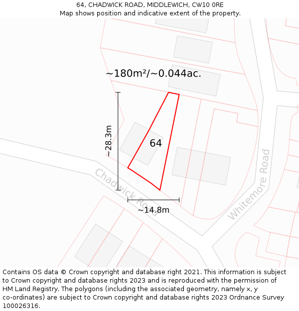 64, CHADWICK ROAD, MIDDLEWICH, CW10 0RE: Plot and title map