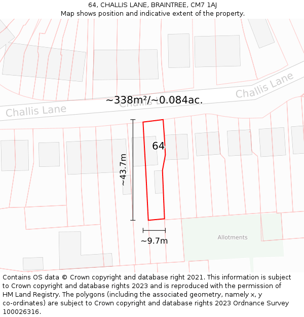 64, CHALLIS LANE, BRAINTREE, CM7 1AJ: Plot and title map