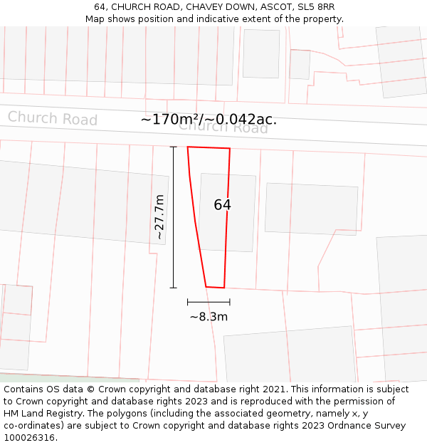 64, CHURCH ROAD, CHAVEY DOWN, ASCOT, SL5 8RR: Plot and title map