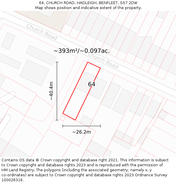 64, CHURCH ROAD, HADLEIGH, BENFLEET, SS7 2DW: Plot and title map