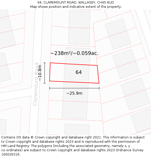 64, CLAREMOUNT ROAD, WALLASEY, CH45 6UD: Plot and title map