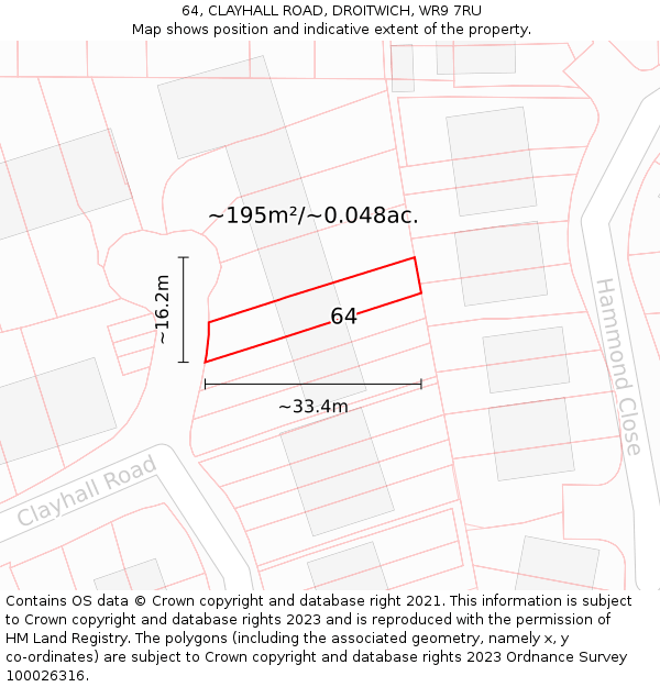 64, CLAYHALL ROAD, DROITWICH, WR9 7RU: Plot and title map