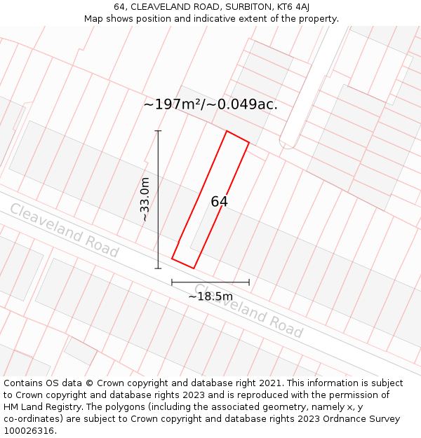 64, CLEAVELAND ROAD, SURBITON, KT6 4AJ: Plot and title map