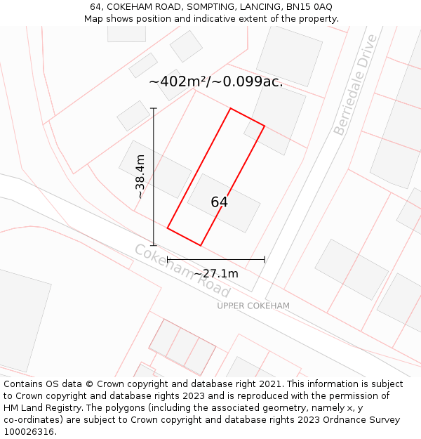 64, COKEHAM ROAD, SOMPTING, LANCING, BN15 0AQ: Plot and title map