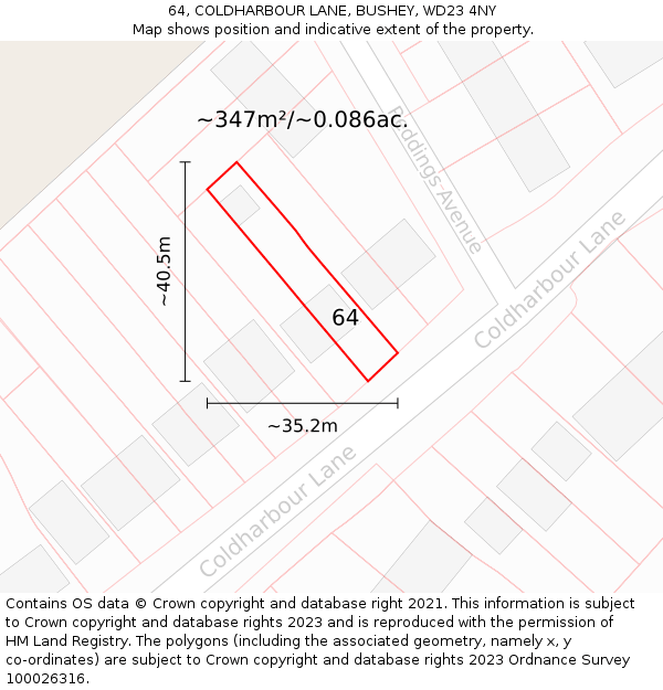 64, COLDHARBOUR LANE, BUSHEY, WD23 4NY: Plot and title map