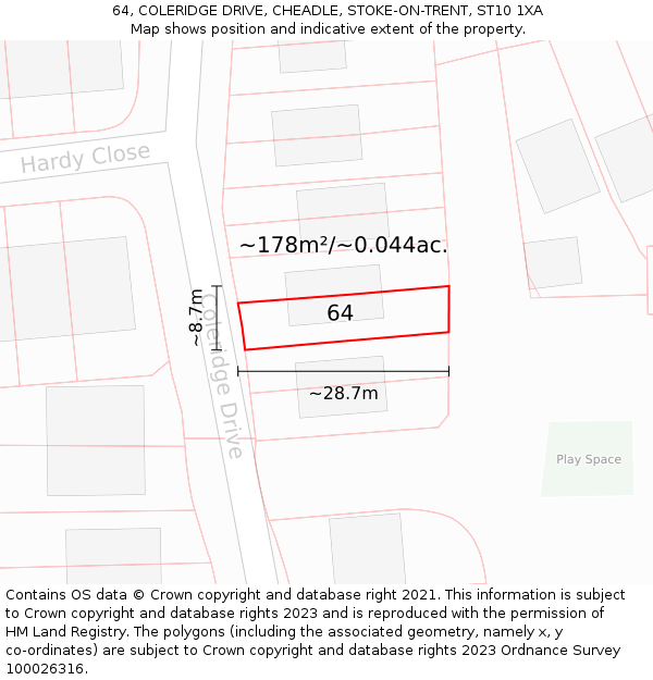 64, COLERIDGE DRIVE, CHEADLE, STOKE-ON-TRENT, ST10 1XA: Plot and title map