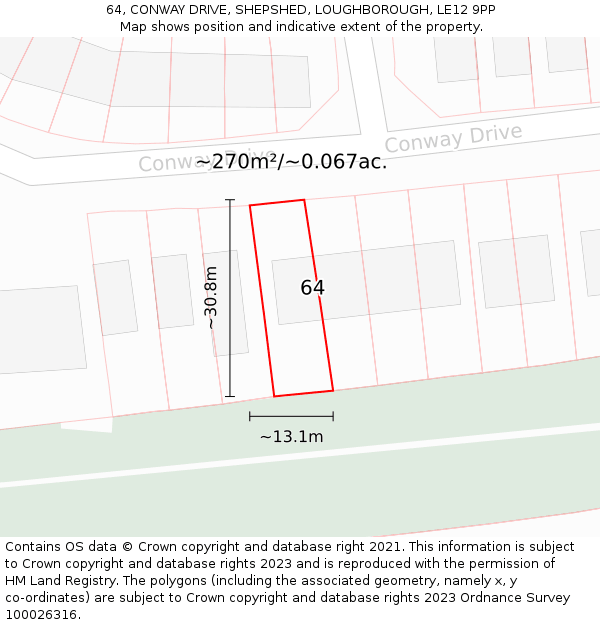 64, CONWAY DRIVE, SHEPSHED, LOUGHBOROUGH, LE12 9PP: Plot and title map