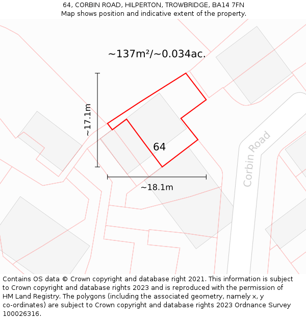 64, CORBIN ROAD, HILPERTON, TROWBRIDGE, BA14 7FN: Plot and title map