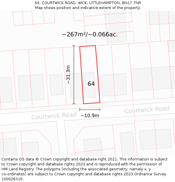 64, COURTWICK ROAD, WICK, LITTLEHAMPTON, BN17 7NR: Plot and title map