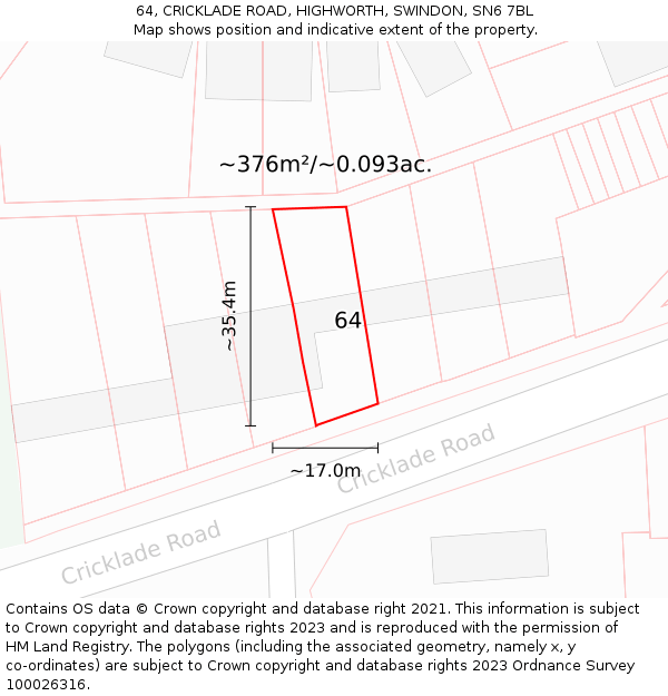 64, CRICKLADE ROAD, HIGHWORTH, SWINDON, SN6 7BL: Plot and title map