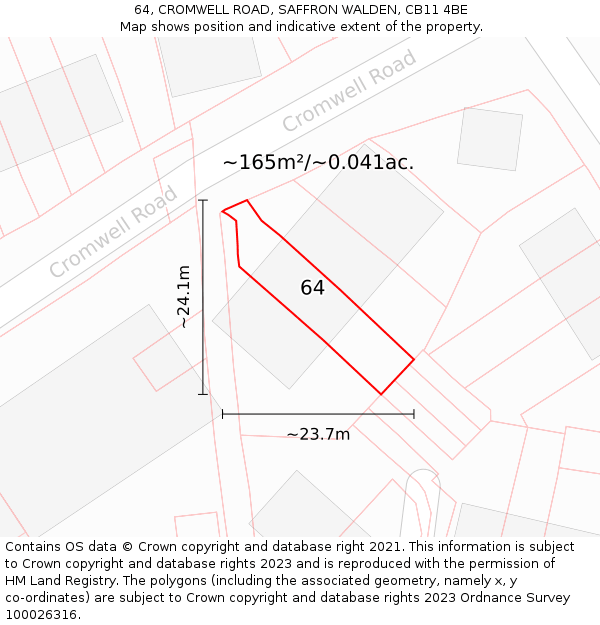 64, CROMWELL ROAD, SAFFRON WALDEN, CB11 4BE: Plot and title map