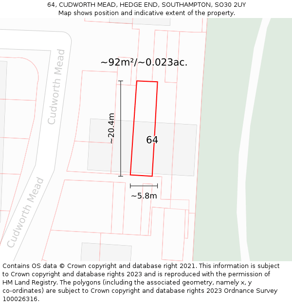 64, CUDWORTH MEAD, HEDGE END, SOUTHAMPTON, SO30 2UY: Plot and title map