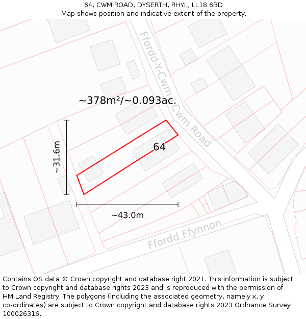 64, CWM ROAD, DYSERTH, RHYL, LL18 6BD: Plot and title map