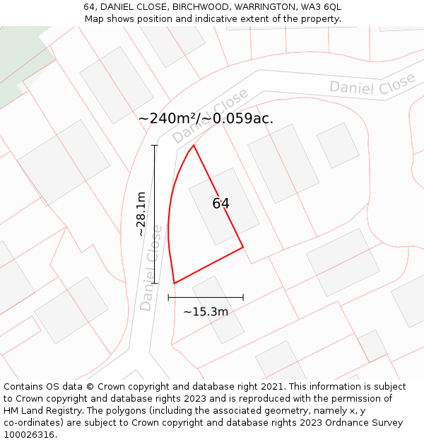 64, DANIEL CLOSE, BIRCHWOOD, WARRINGTON, WA3 6QL: Plot and title map