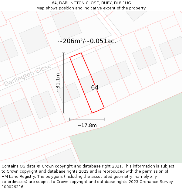 64, DARLINGTON CLOSE, BURY, BL8 1UG: Plot and title map