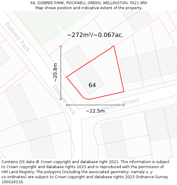 64, DOBREE PARK, ROCKWELL GREEN, WELLINGTON, TA21 9RX: Plot and title map