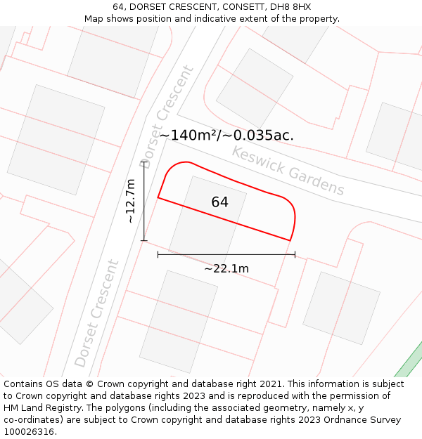 64, DORSET CRESCENT, CONSETT, DH8 8HX: Plot and title map