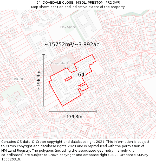 64, DOVEDALE CLOSE, INGOL, PRESTON, PR2 3WR: Plot and title map