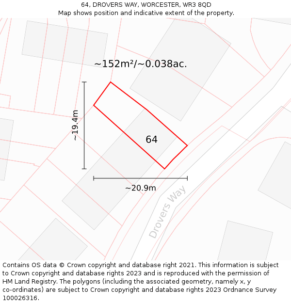 64, DROVERS WAY, WORCESTER, WR3 8QD: Plot and title map