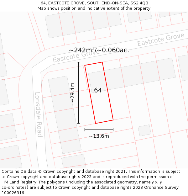 64, EASTCOTE GROVE, SOUTHEND-ON-SEA, SS2 4QB: Plot and title map